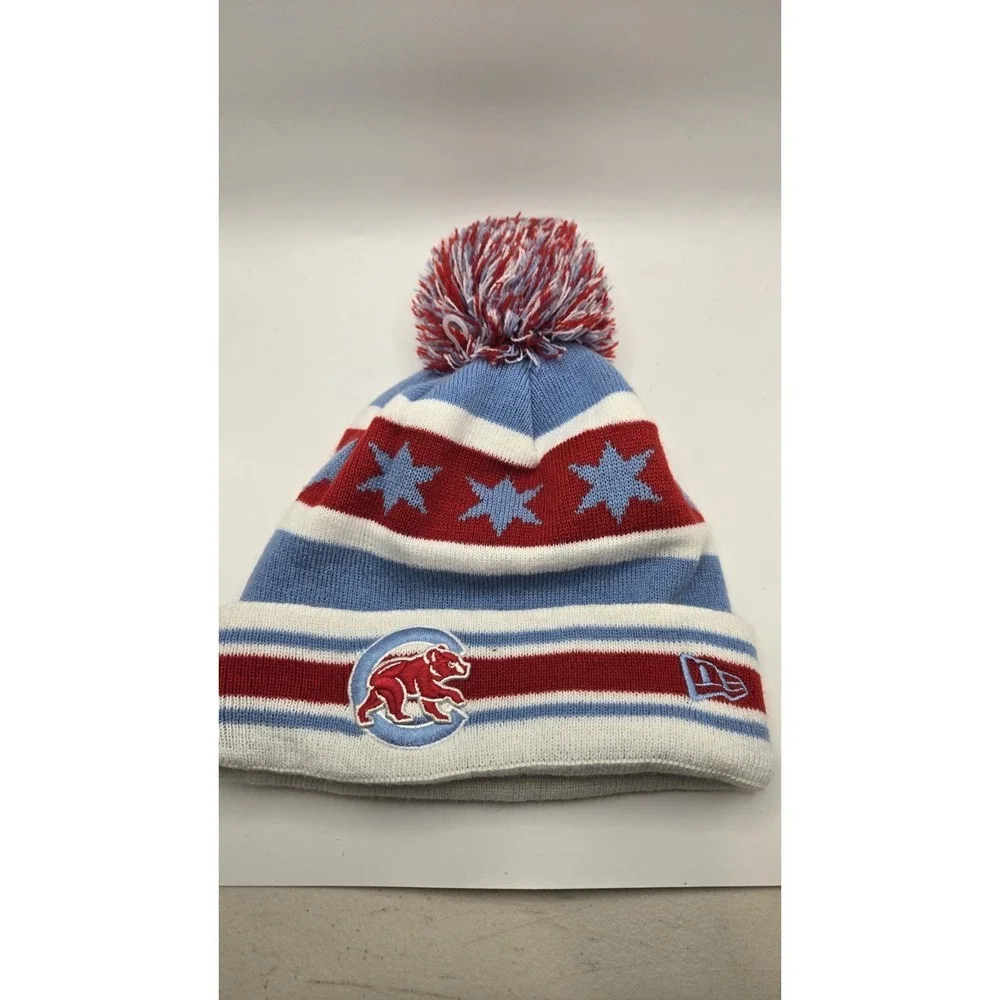 Chicago Cubs New Era Pom Beanie Hat Chicago Flag Stars Winter Knit Cap MLB